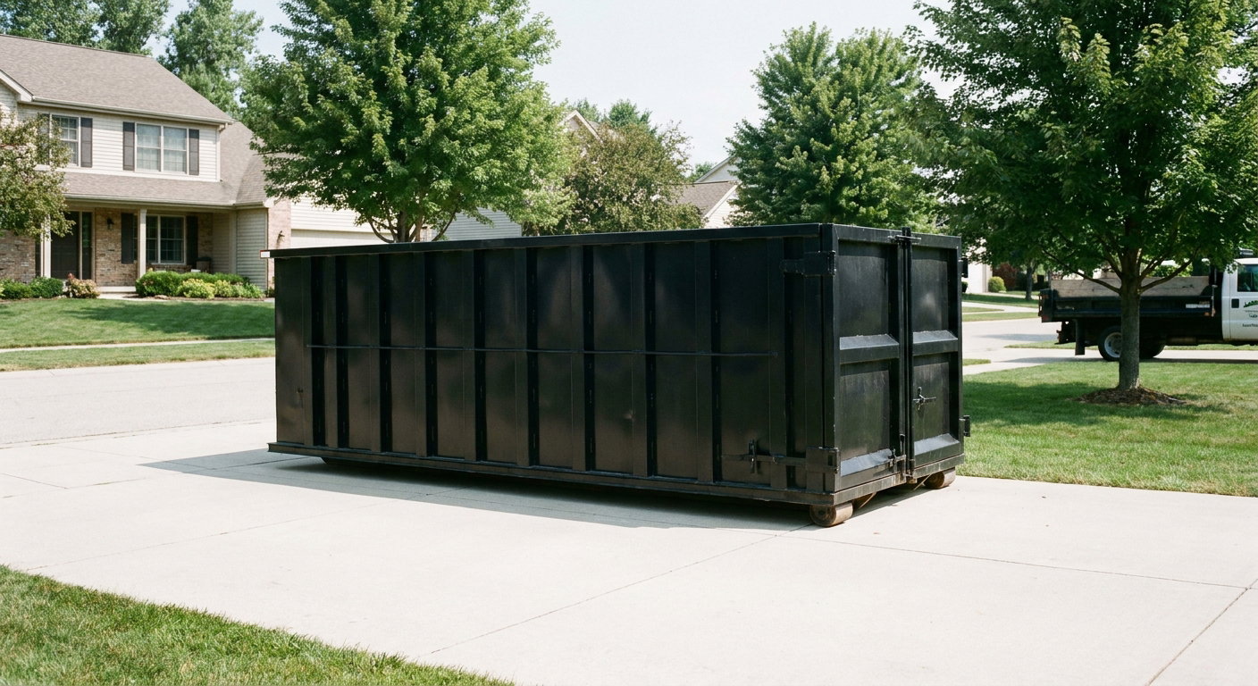 Matte-black 20-yard roll-off dumpster sitting level on a clean Chalmette residential concrete driveway under bright daylight, demonstrating clean placement directly on the concrete.