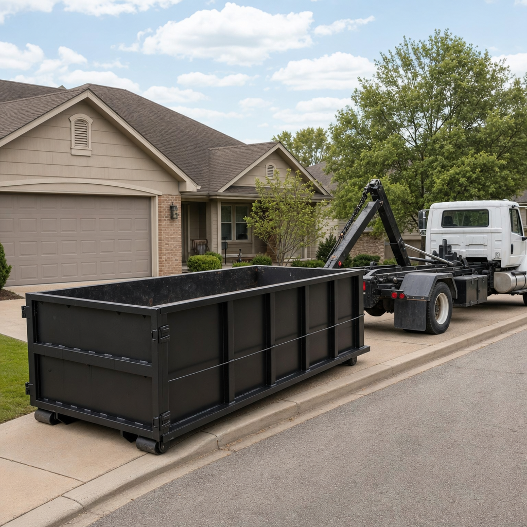Wide documentary shot of a matte-black roll-off dumpster on a Chalmette residential driveway in the foreground and a contractor jobsite container in the soft-focus background, bright daylight, calm and orderly composition.