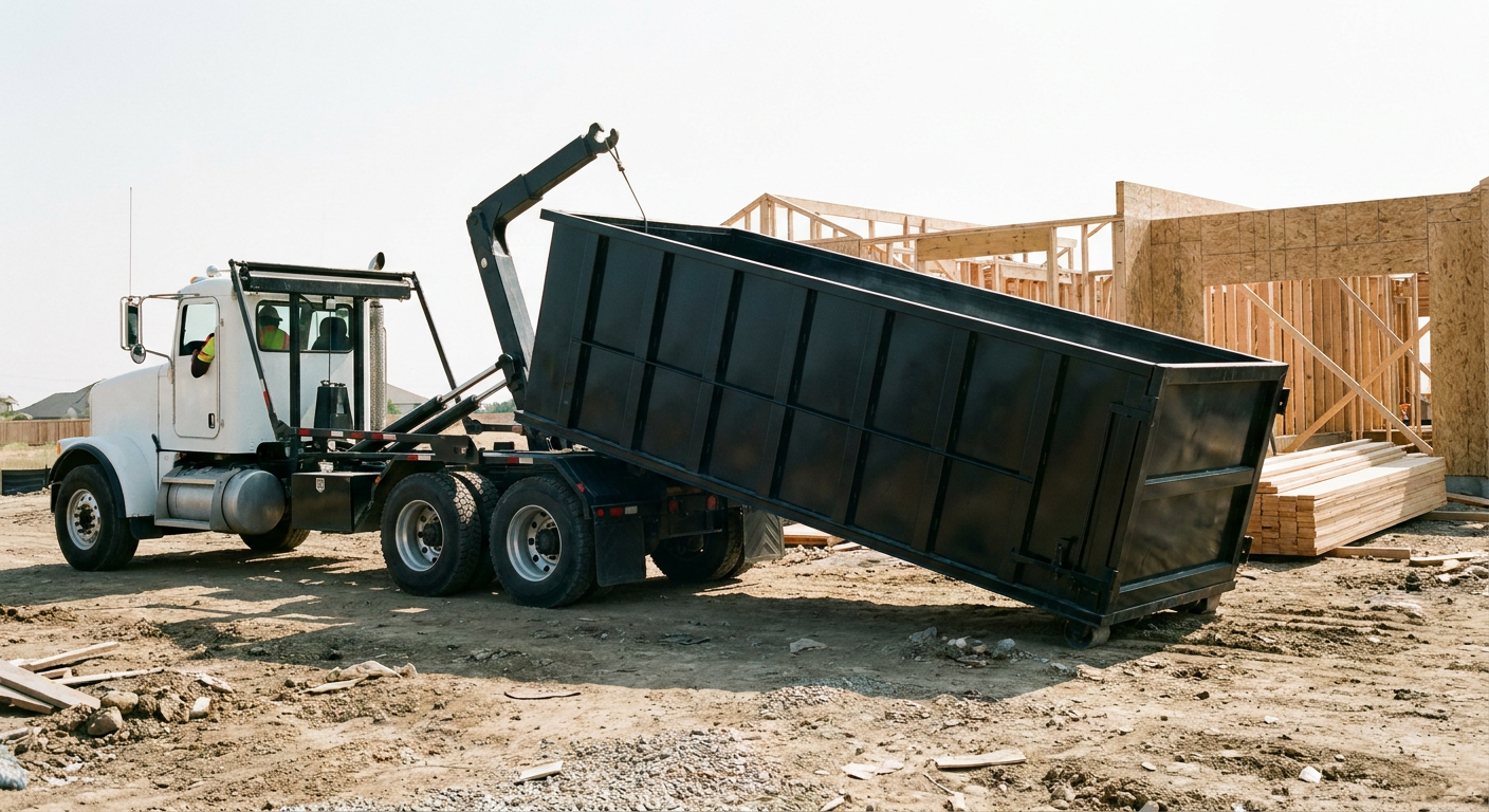Matte-black roll-off dumpster being delivered onto a clean residential concrete driveway in Chalmette by an unmarked white hooklift hauler truck, bright morning daylight, documentary 35mm perspective.